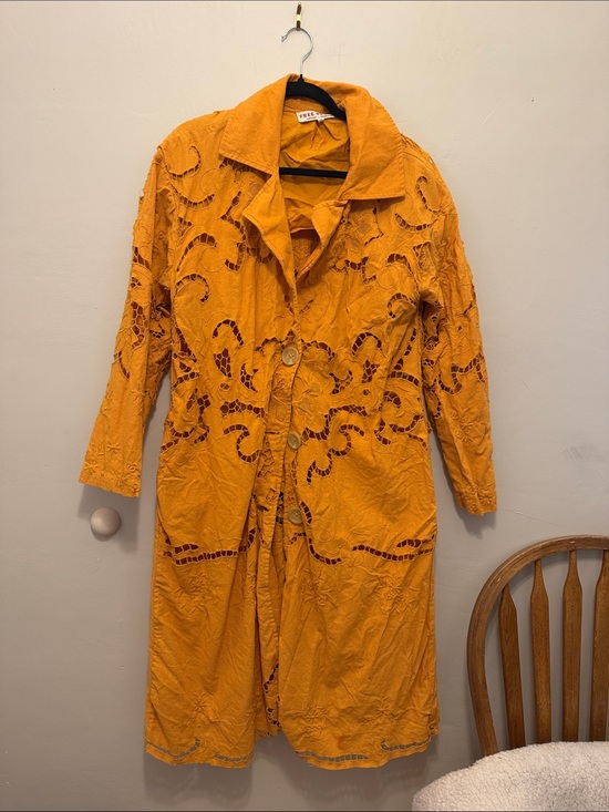 Free People Jackets & Blazers - Free People Susanna Eyelet Cotton Linen Duster Coat – Mustard Amber M